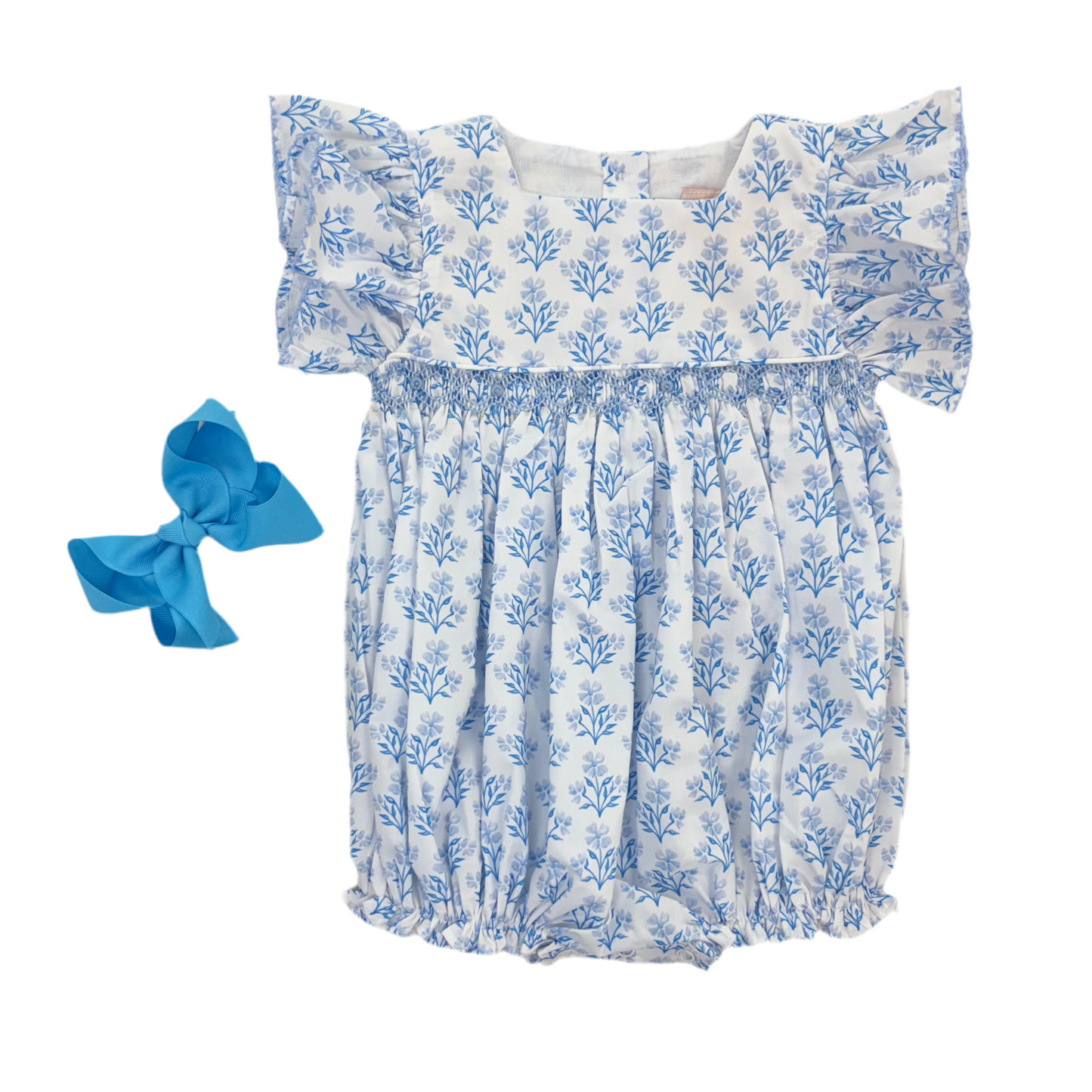 Blue Floral Smocked Bubble