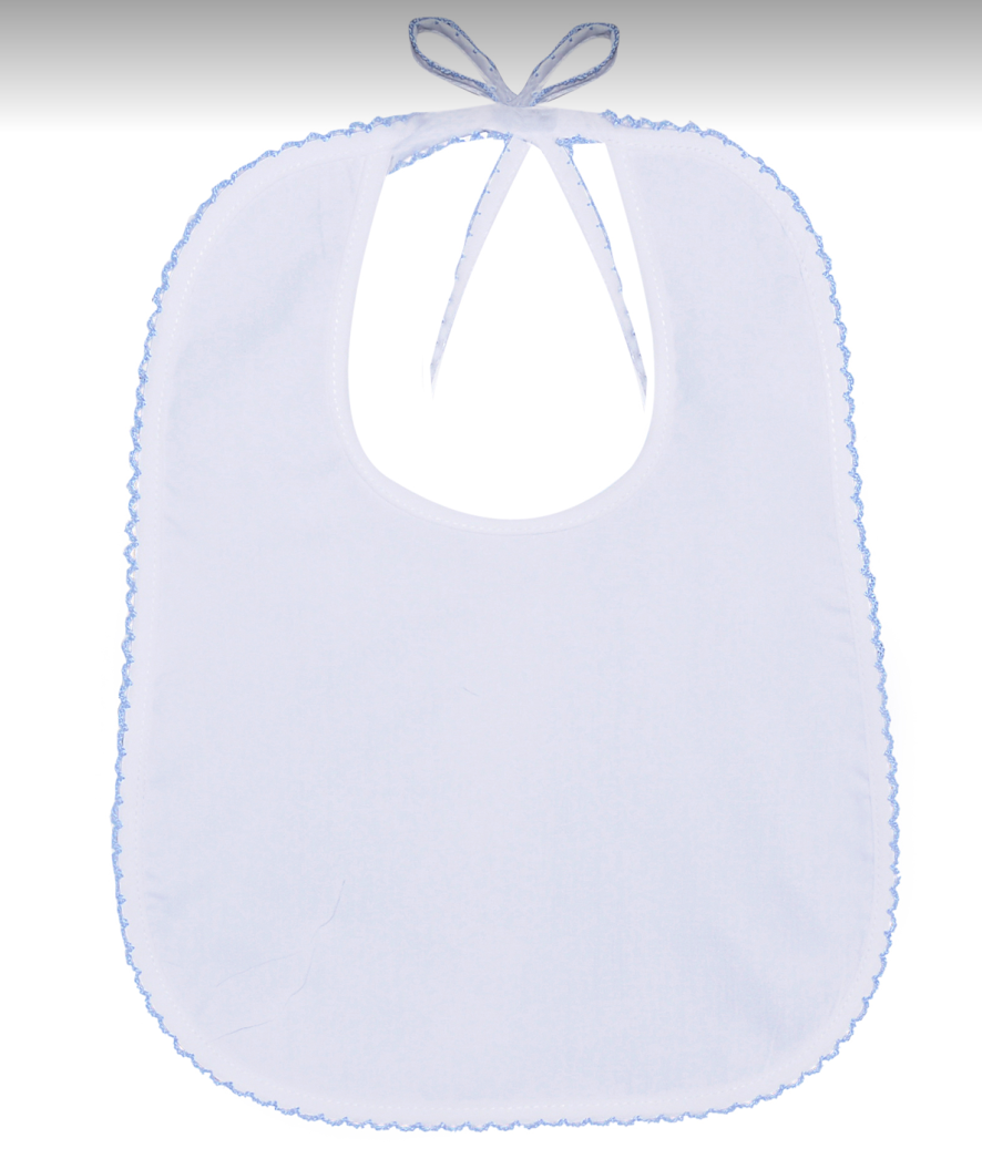 Blue Picot Trim White Bib