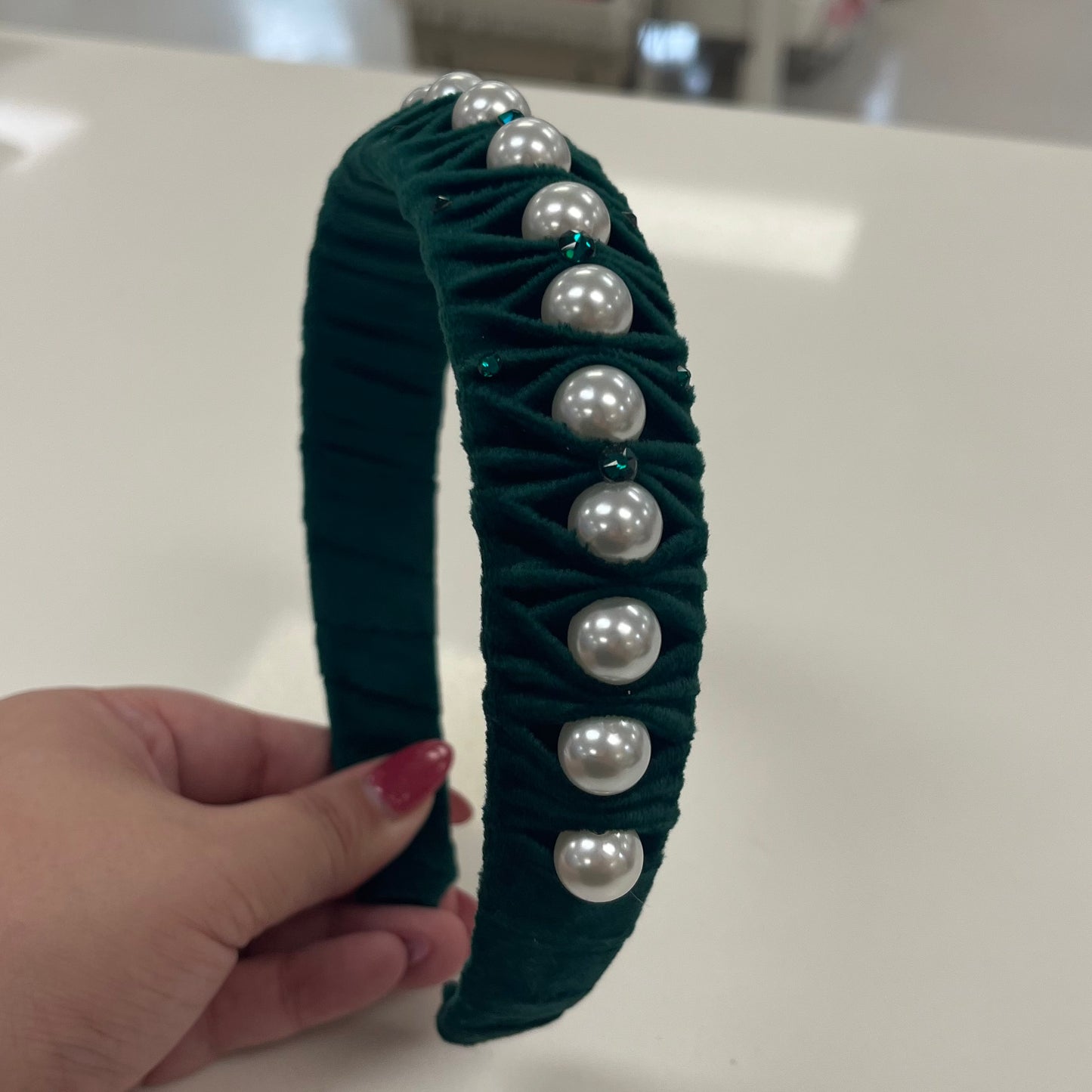 Crystallized Green Velvet Pearl Headband