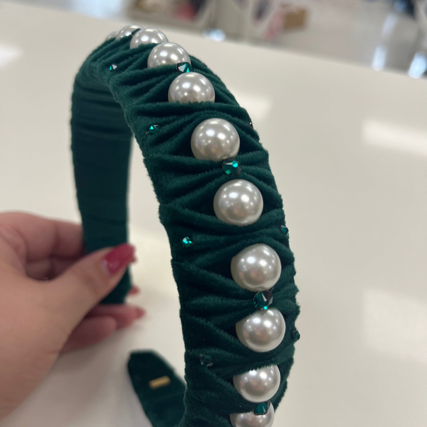 Crystallized Green Velvet Pearl Headband