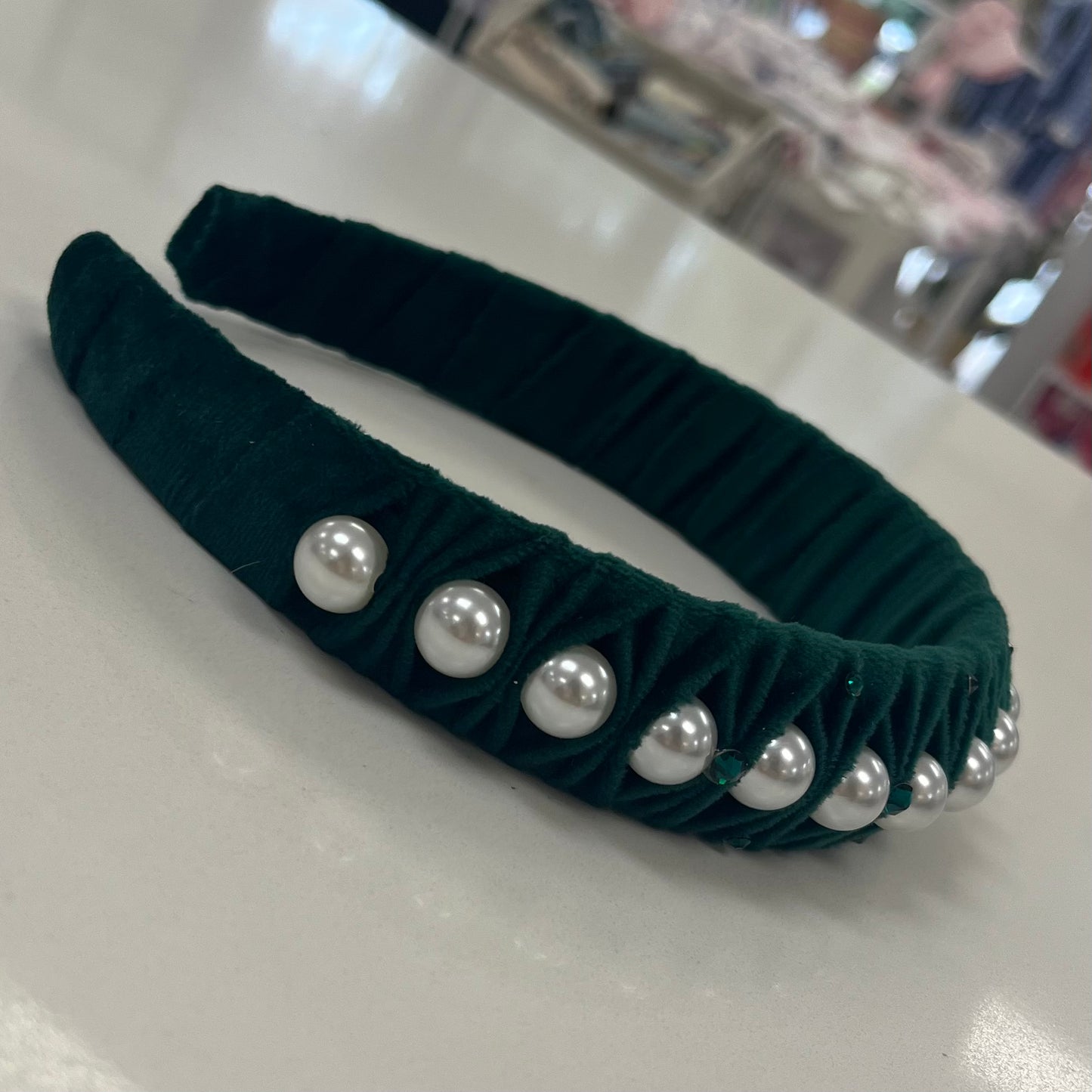 Crystallized Green Velvet Pearl Headband