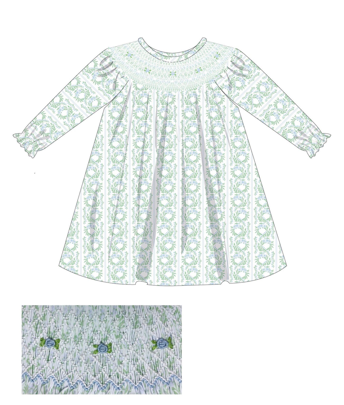 Green Floral Bishop Smock Dress