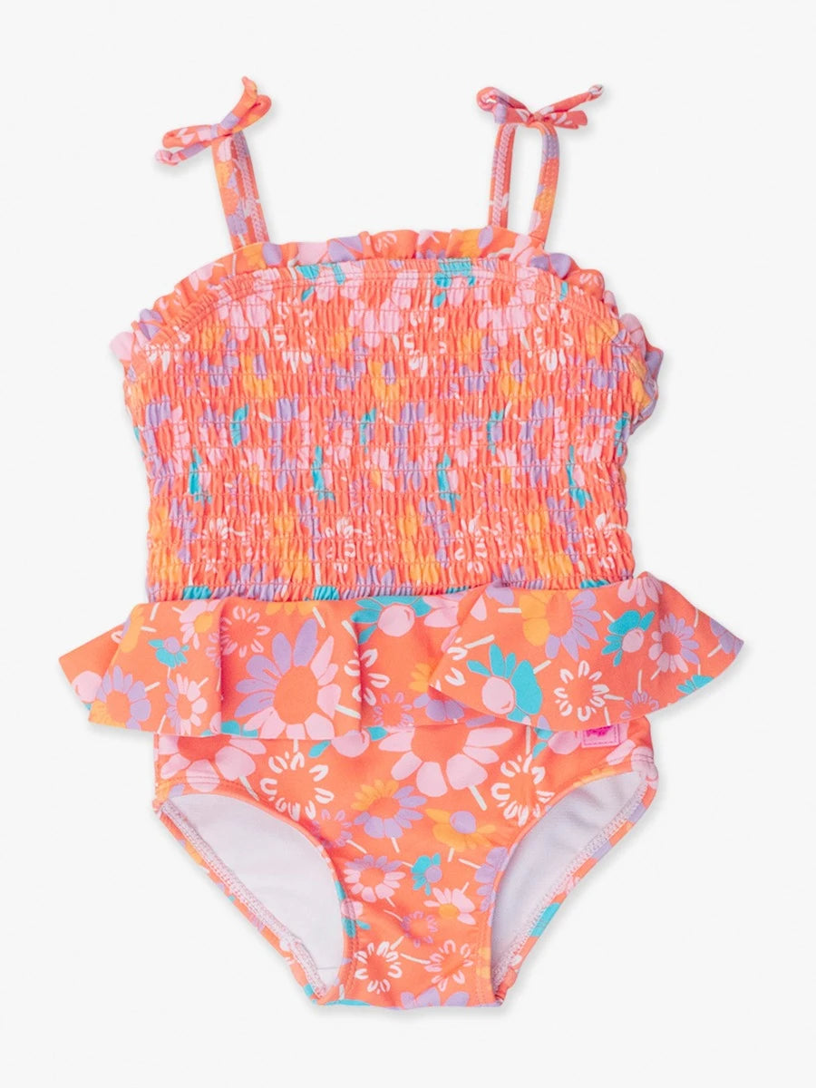 Coral Floral Peplum Smocked One Piece