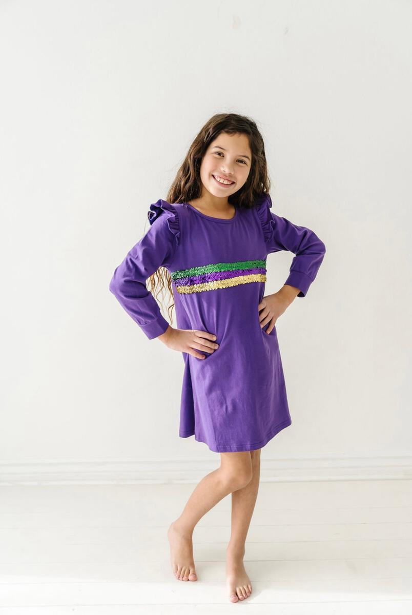 Mardi Gras Long Sleeve Flutter Dress