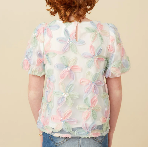 Sequined Floral Applique Bubble Sleeve Top