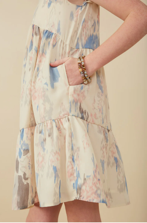 Watercolor V Neck Tiered Ruffled Dress