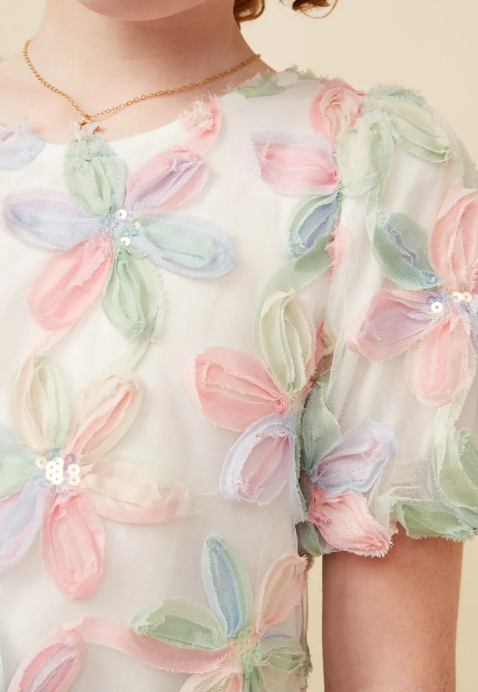 Sequined Floral Applique Bubble Sleeve Top