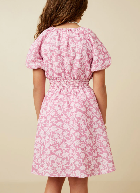 Textured Floral Side Puff Sleeve Dress