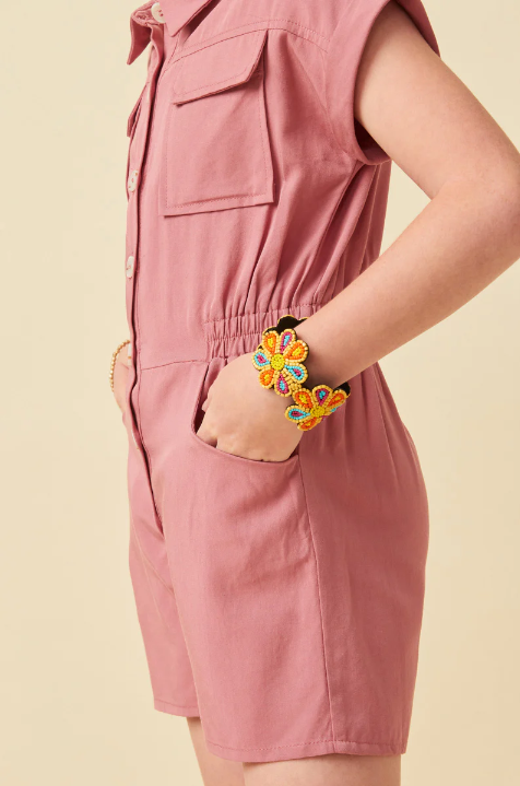 Elastic Detail Button Up Collared Romper
