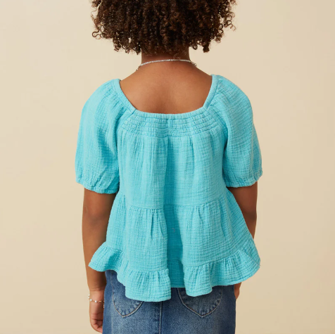 Washed Smock Detail Puff Sleeve Gauze Top