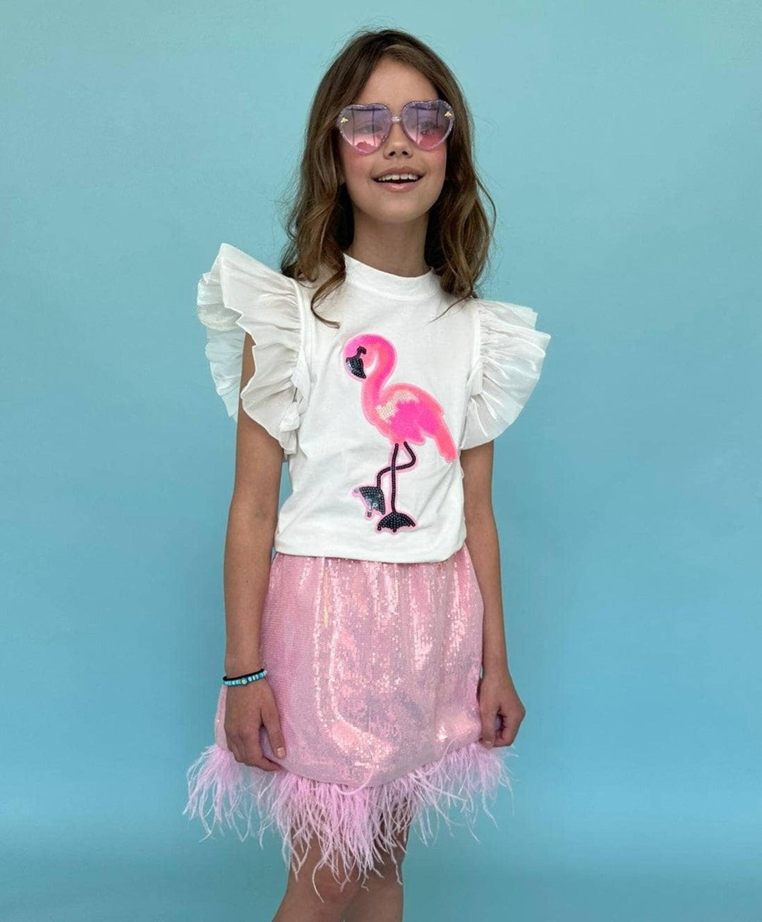 Beaded Flamingo Ruffle Tee