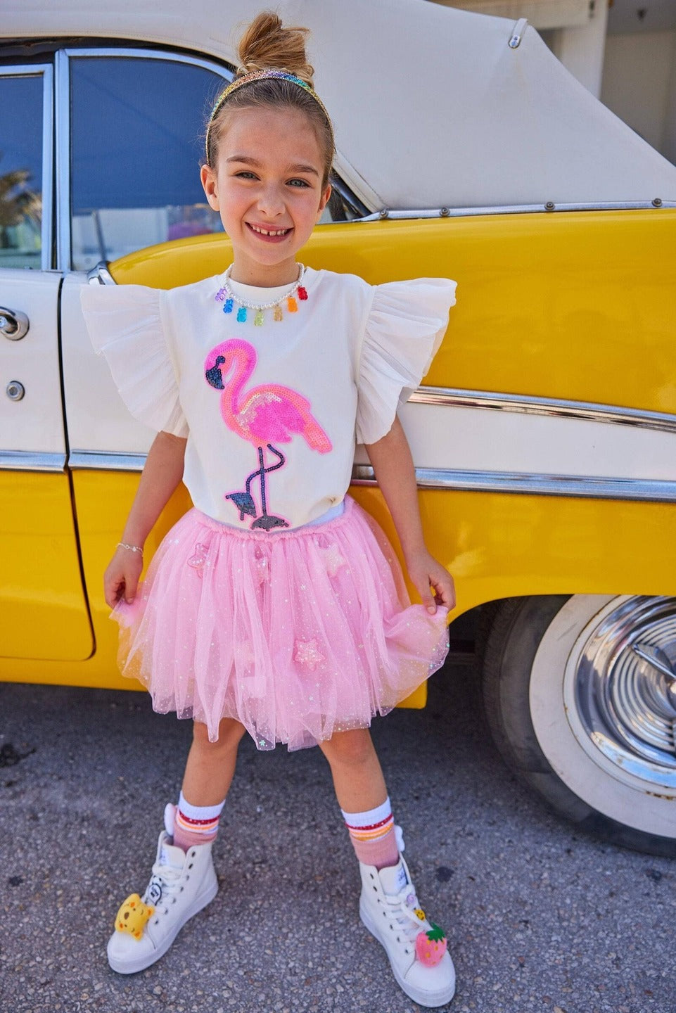 Beaded Flamingo Ruffle Tee