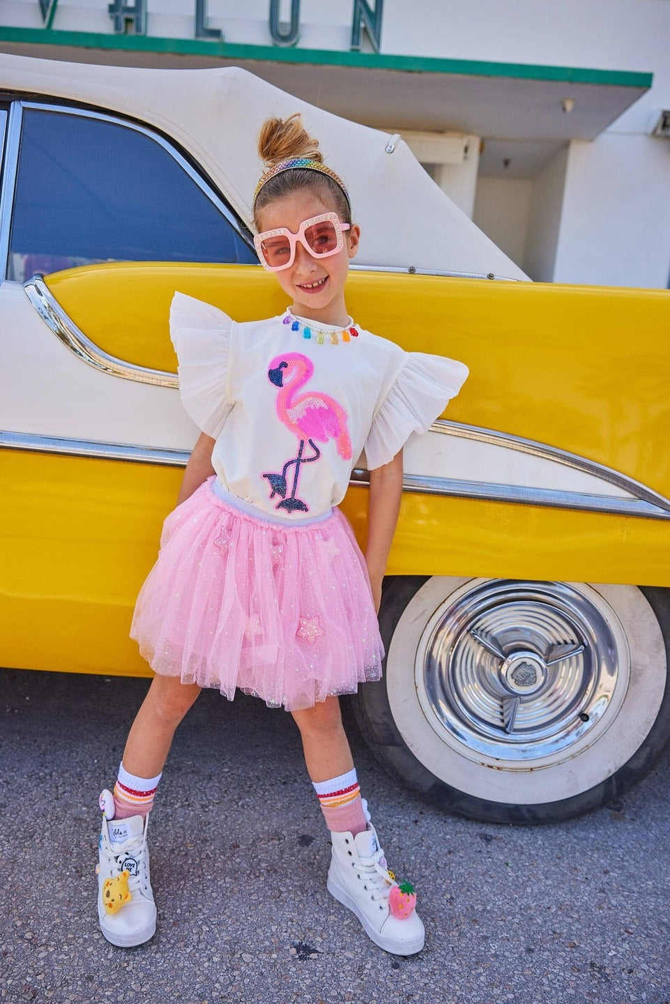Beaded Flamingo Ruffle Tee