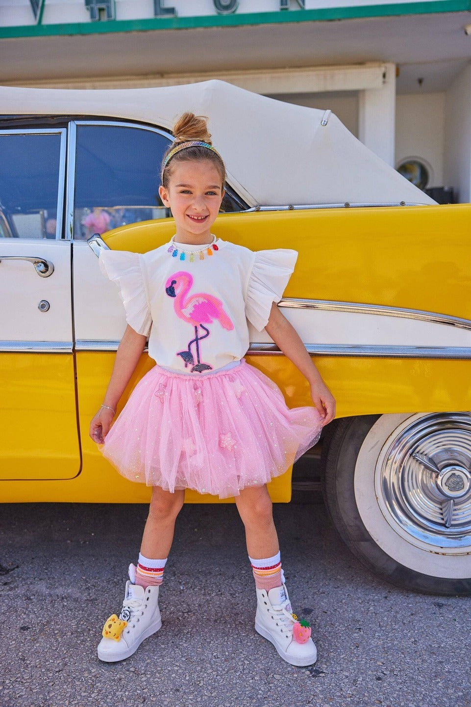 Beaded Flamingo Ruffle Tee