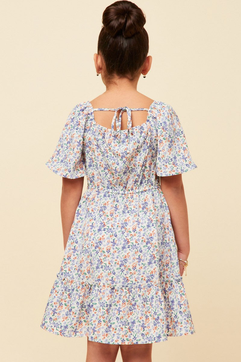 Blue Ditsy Floral Flutter Sleeve Dress
