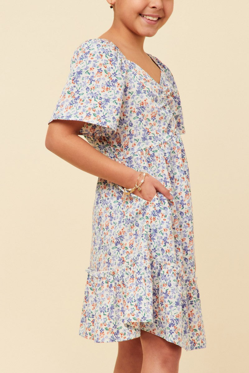 Blue Ditsy Floral Flutter Sleeve Dress