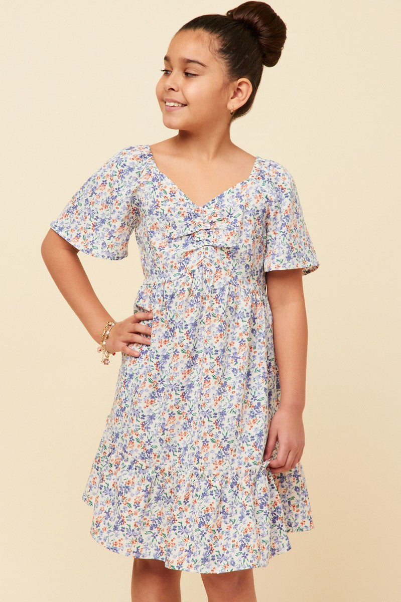 Blue Ditsy Floral Flutter Sleeve Dress