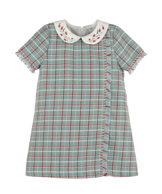 Turquoise Frayed Plaid A-Line Dress