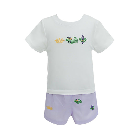 Mardi Gras Lavender Embroidered Short Set