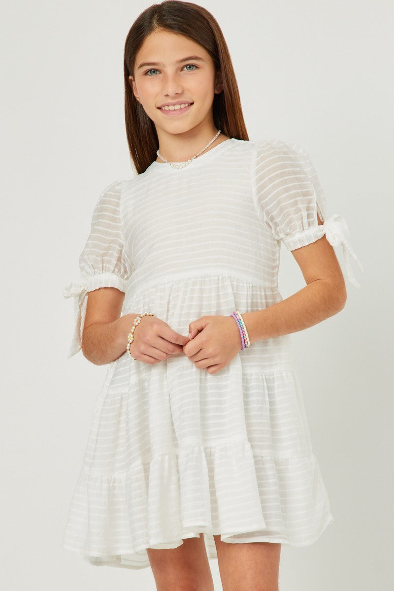 Textured Stripe Tie Sleeve Tiered Dress