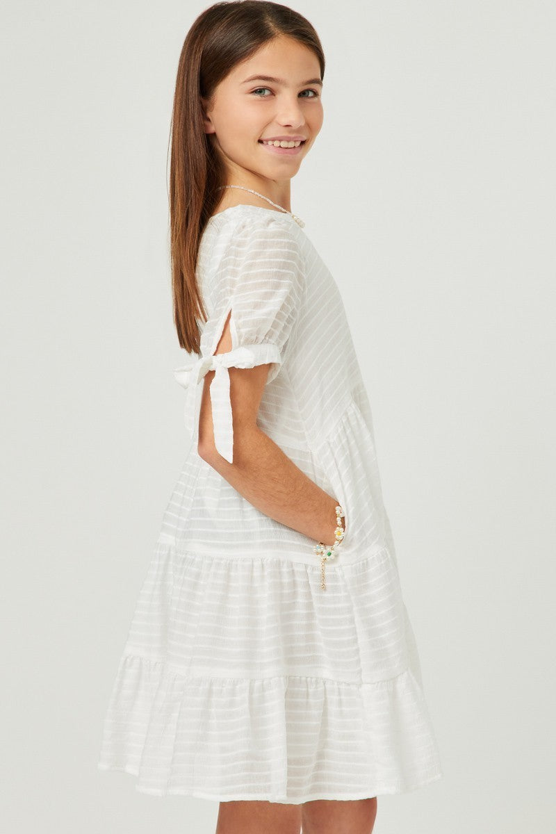 Textured Stripe Tie Sleeve Tiered Dress