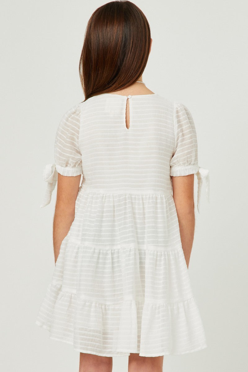 Textured Stripe Tie Sleeve Tiered Dress