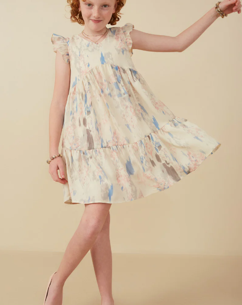 Watercolor V Neck Tiered Ruffled Dress