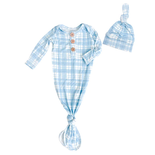 Baby Blue Plaid Knot Gown w/Hat