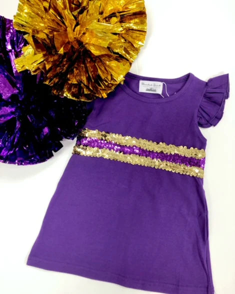 Purple & Gold Sequin Flutter Sleeve Dress