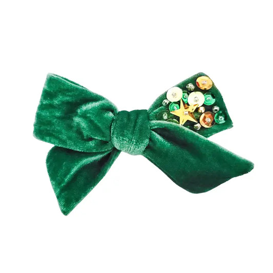 Layla Hair Bow Green Holiday Sequins